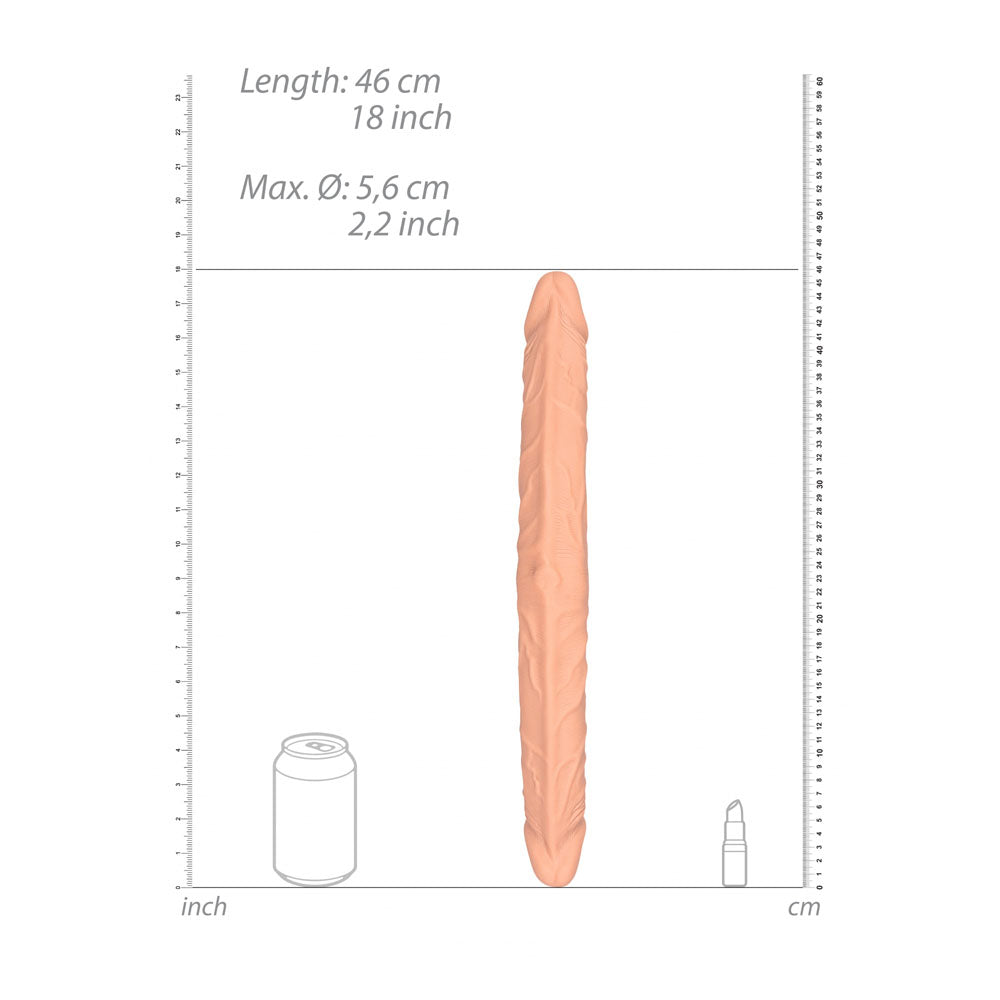 REALROCK 18'' Double Dildo - 46 cm Double Dong dimensions with measurements next to a can and spray bottle for scale.
