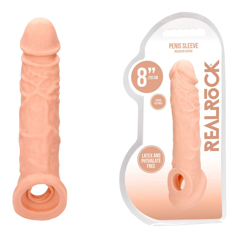 REALROCK 8'' Realistic Penis Extender with Rings - 20.3 cm Penis Extension Sleeve, phthalate-free and lifelike design.