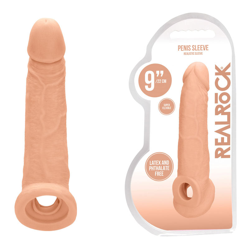 REALROCK 9'' Realistic Penis Extender with Rings - 22.9 cm Penis Extension Sleeve showcasing lifelike texture and details.