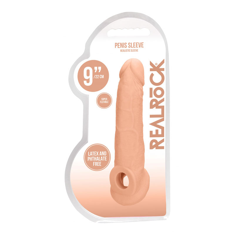 REALROCK 9'' Realistic Penis Extender with Rings -  22.9 cm Penis Extension Sleeve in packaging with details.