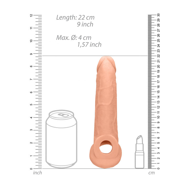 REALROCK 9'' Realistic Penis Extender with Rings -  22.9 cm Penis Extension Sleeve next to scale for size reference