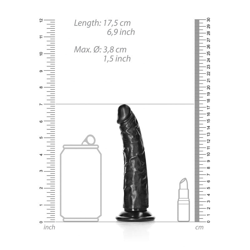 REALROCK Realistic Slim Dildo without Balls - 15.5 cm - 15.5 cm (6'') Dong with size comparison to can and lipstick.