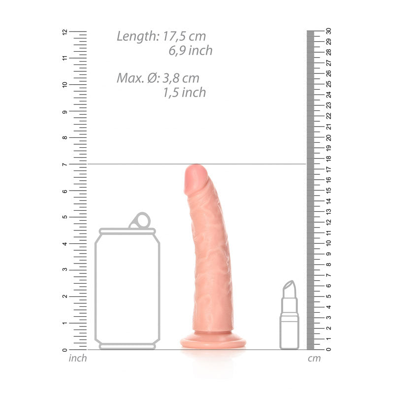 REALROCK Realistic Slim Dildo without Balls - 15.5 cm -  15.5 cm (6'') Dong with measurement scale and comparison to items.