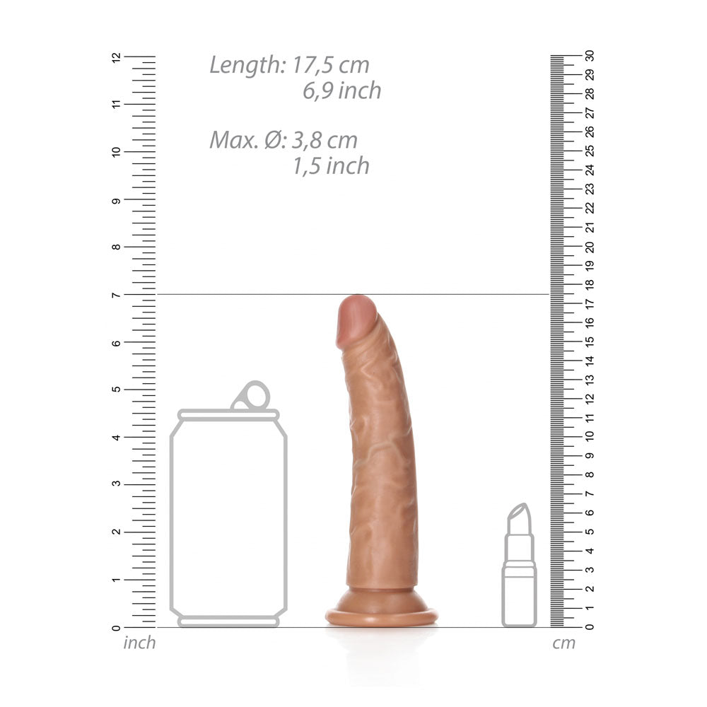 REALROCK Realistic Slim Dildo without Balls - 15.5 cm - Tan 15.5 cm (6'') Dong with measurement scale next to a can and spray.