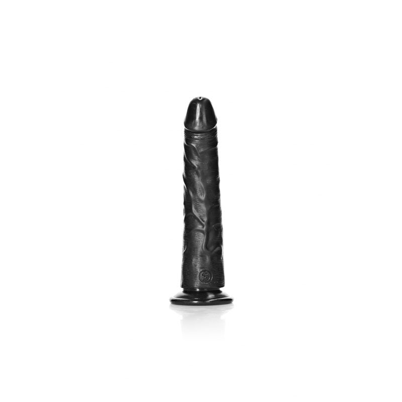 REALROCK realistic slim dildo with suction cup - 18cm black dong with natural texture and curved design for stimulation.