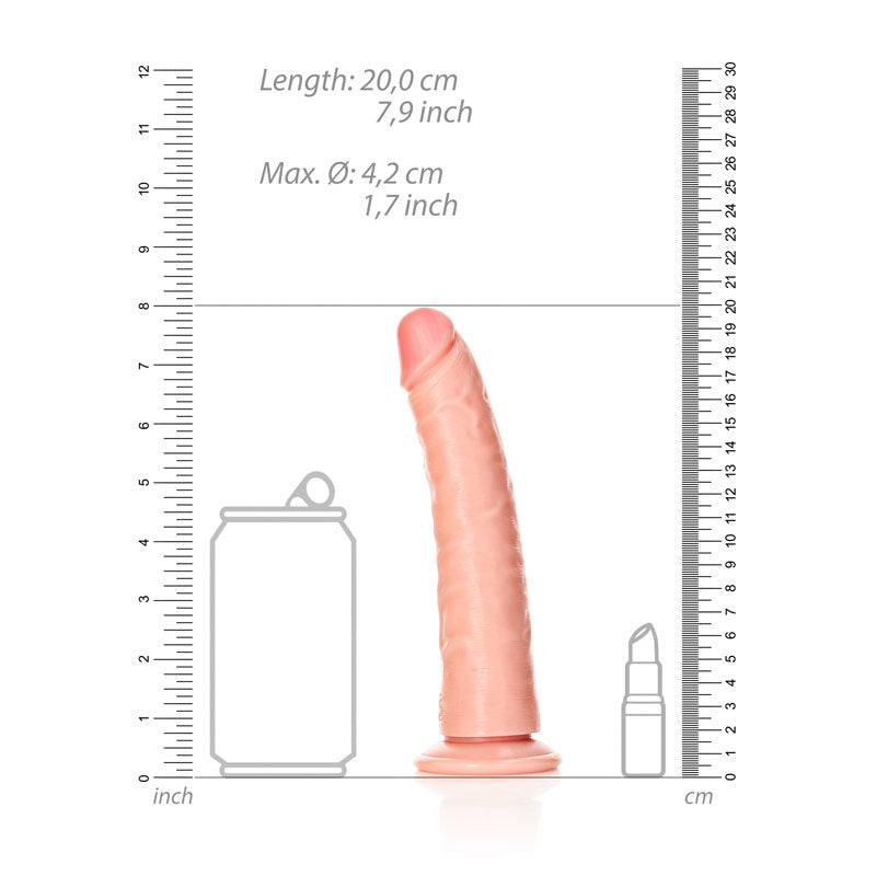 REALROCK Realistic Slim Dildo with Suction Cup - 18cm -  18 cm (7'') Dong next to a can and a bottle for size reference.
