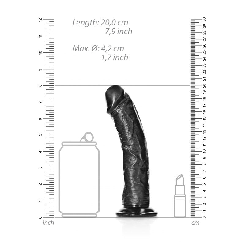 REALROCK Realistic Regular Curved Dildo with Suction Cup - 18 cm -  18 cm (7'') Dong dimensions next to standard objects.
