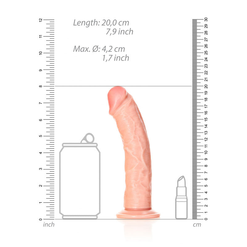 REALROCK Realistic Regular Curved Dildo with Suction Cup - 18 cm - 18 cm (7'') Dong next to a measuring scale.