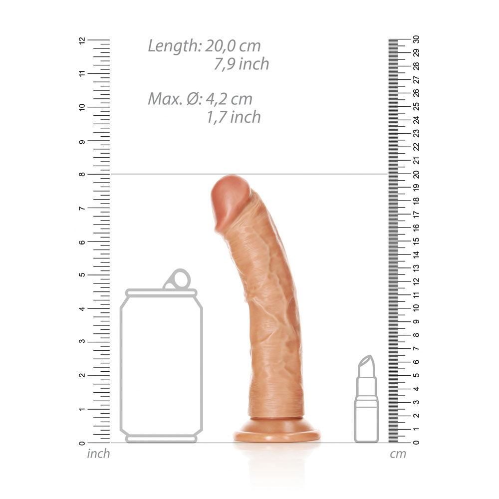 REALROCK Realistic Regular Curved Dildo with Suction Cup - 18 cm - Tan 18 cm (7'') Dong dimensions next to a can and spray bottle.