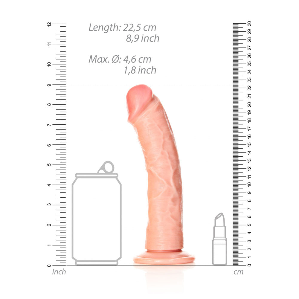 REALROCK Realistic Regular Curved Dildo with Suction Cup - 20 cm - 20 cm (8'') Dong with size measurements and comparisons.