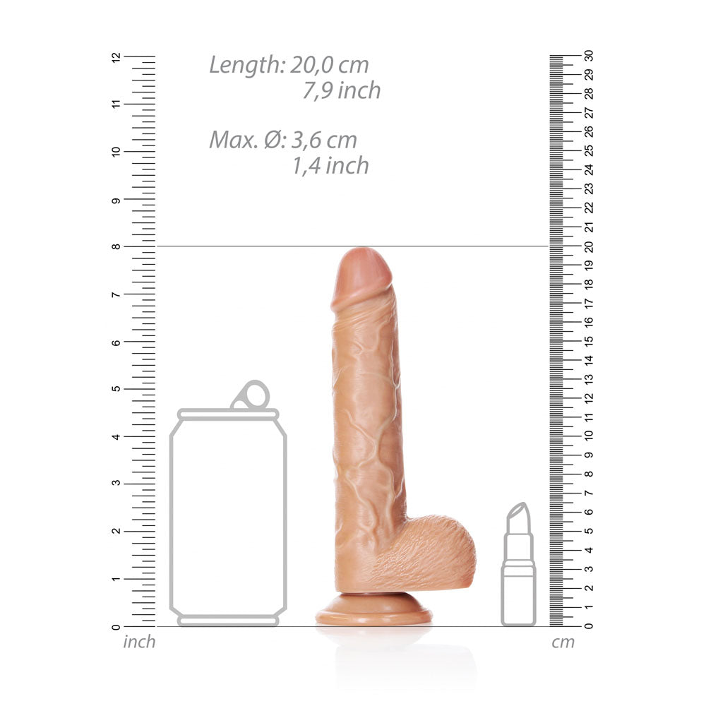 REALROCK Straight Realistic Dildo with Balls - 18 cm - Tan 18 cm (7'') Dong displayed with size comparison to can and bottle.