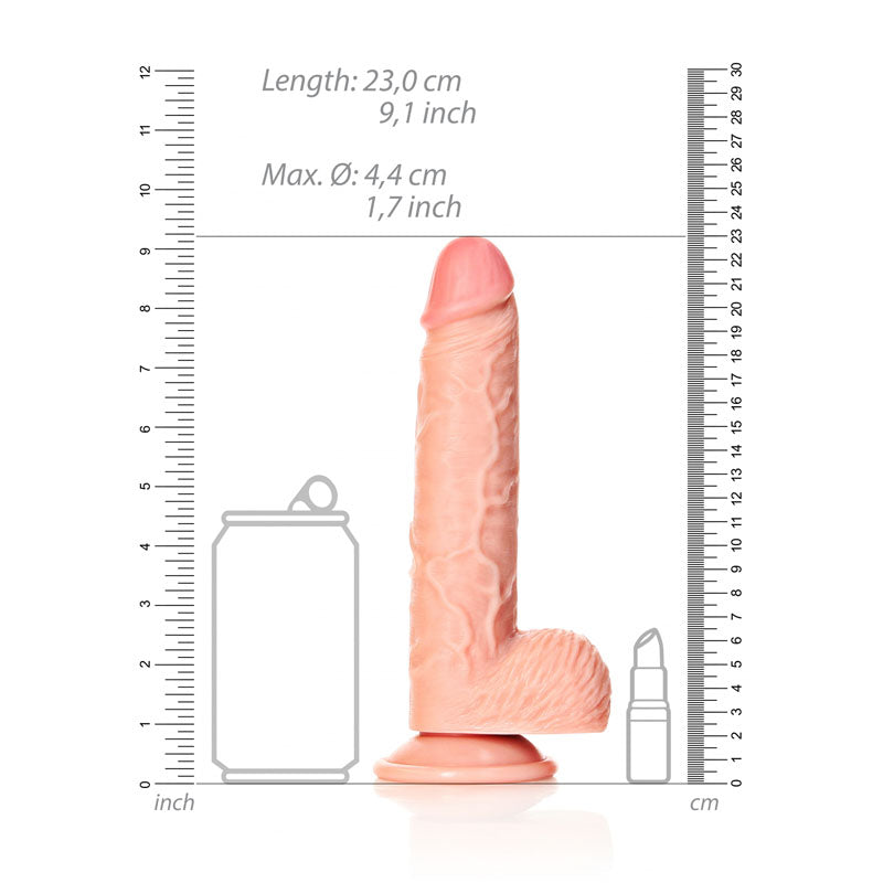 REALROCK Straight Realistic Dildo with Balls - 20.5 cm - 20.5 cm (8'') Dong dimensions with measurement scale and can for size reference.