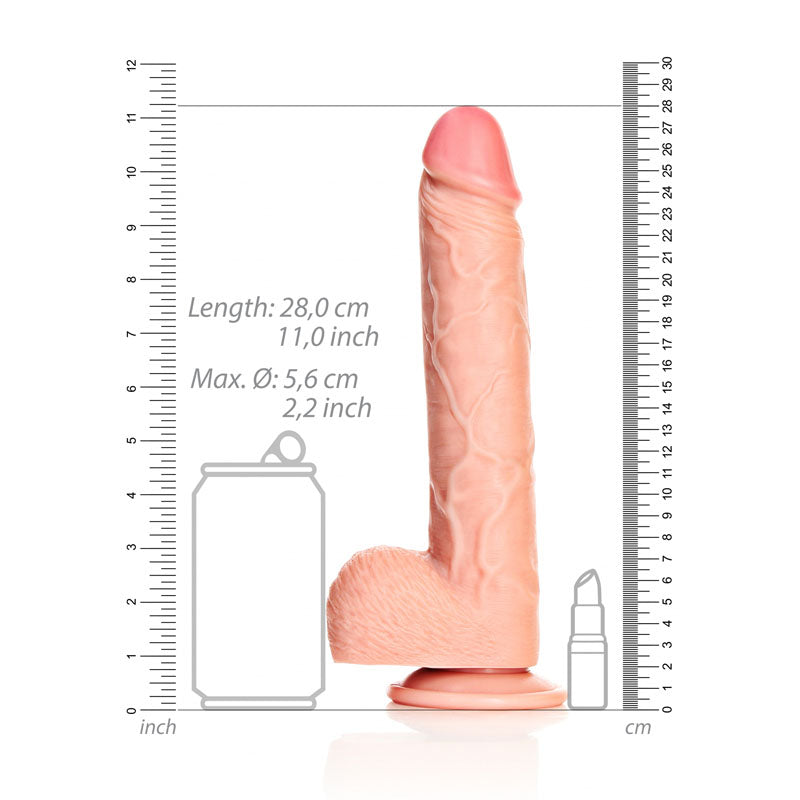 REALROCK Straight Realistic Dildo with Balls - 25.5 cm - 25.5 cm (10'') Dong shown with measurements and comparison.