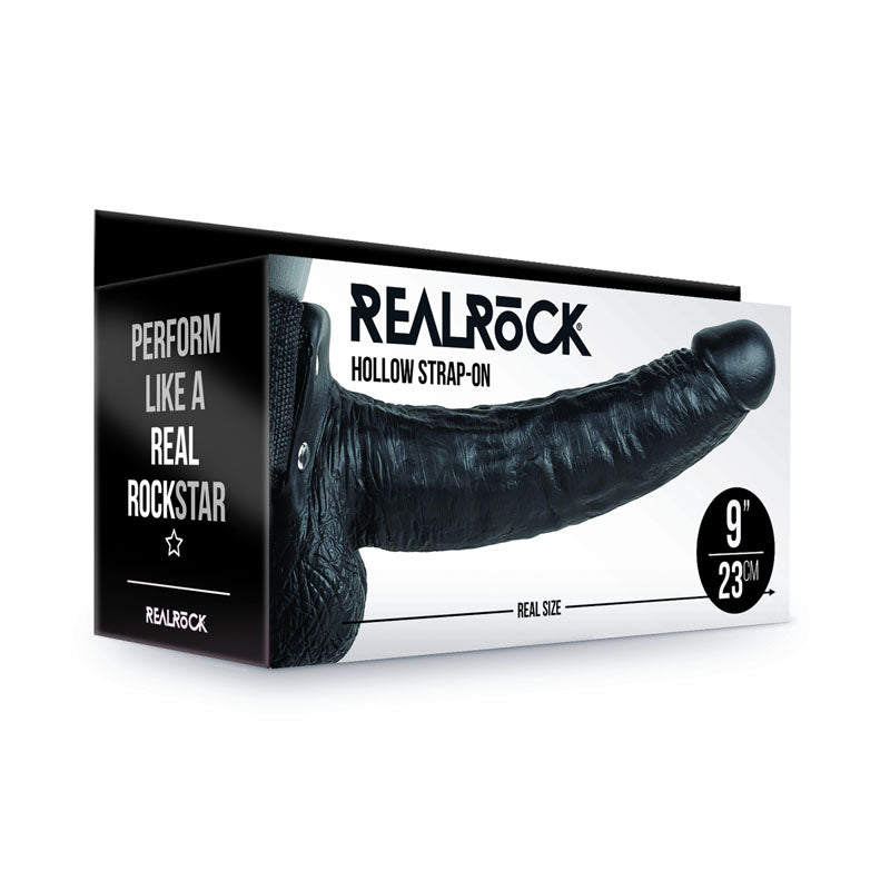 REALROCK Hollow Strapon with Balls - 23 cm  -  23 cm Hollow Strap-On packaging showing design and features.