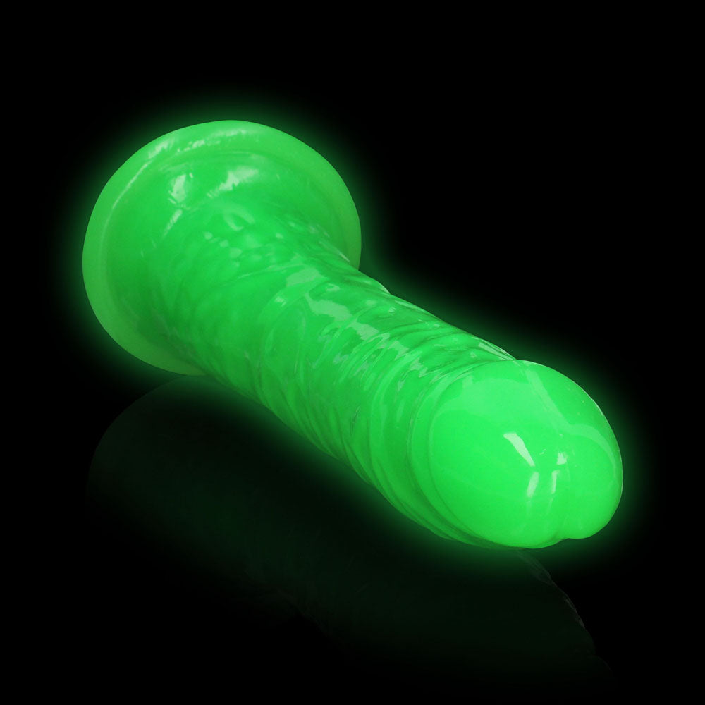 REALROCK 29 cm Slim Glow in the Dark Neon -  - Glow in Dark  29 cm (11'') Dong, glowing green dildo on black background.