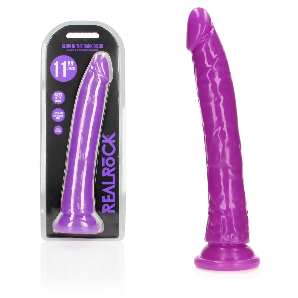 REALROCK 29 cm Slim Glow in the Dark Neon -  - Glow in Dark  29 cm (11'') Dong in packaging, vibrant purple color.