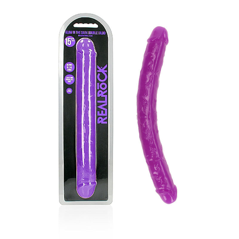 REALROCK 38 cm Double Dong Glow -  -  38 cm (15'') Double Dong in vibrant purple with packaging.