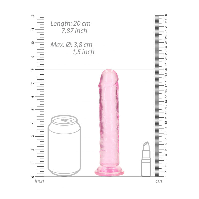 REALROCK 18 cm Straight Dildo -  -  18 cm (7'') Dong dimensions displayed with scale beside a can and bottle.