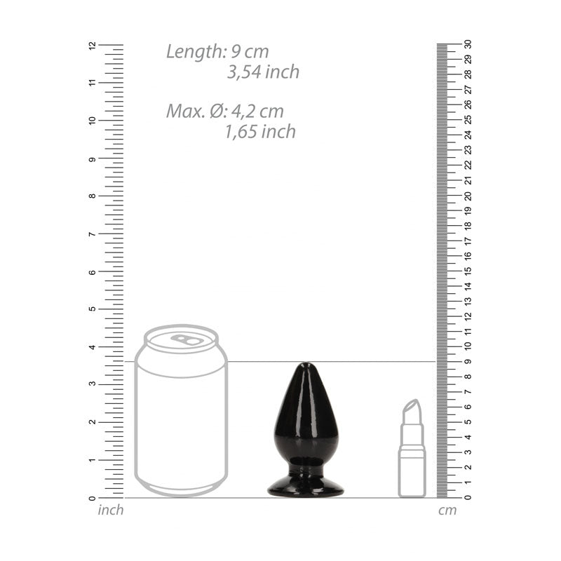 Dimensions of a 9 cm anal plug next to a can for size comparison, showcasing a clear anal plug.