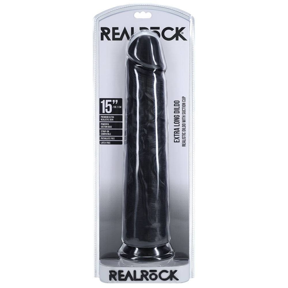 REALROCK 38cm Extra Long Dildo -  -  38 cm (15'') Extra Long Dong in packaging with suction cup detail.