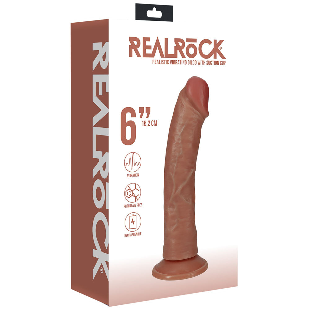 REALROCK 15cm Vibrating Cock - Tan - Tan 15.2 cm (6'') USB Rechargeable Vibrating Dong packaging on display.