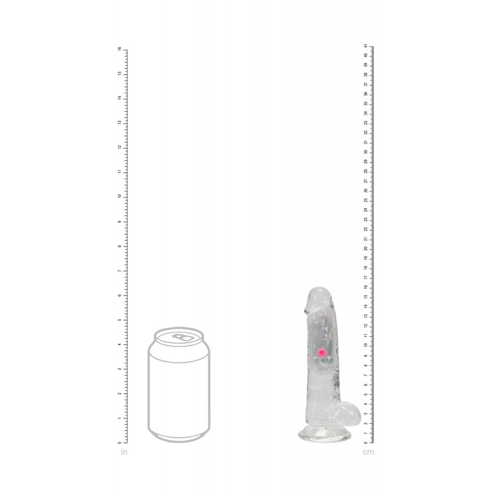 REALROCK 6'' with Balls Wireless Rechargeable LED Vibrating Dong - Clear with LED 16.2 cm USB Rechargeable Vibrating Dong with Remote next to a soda can for size reference.