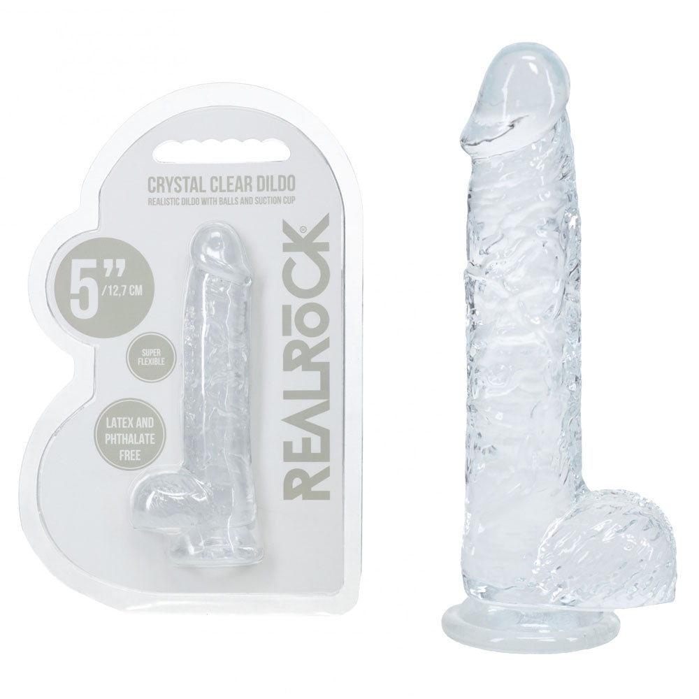 REALROCK 5'' Crystal  Dildo with Balls -  -  14.7 cm Dong, clear, realistic design with suction cup packaging.
