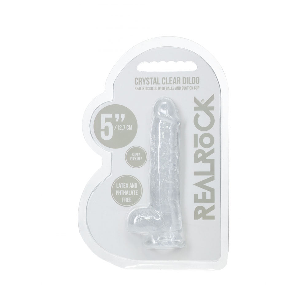 REALROCK 5'' Crystal  Dildo with Balls -  -  14.7 cm Dong in packaging featuring a sturdy suction cup.