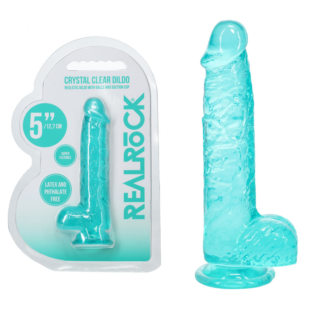 REALROCK 5'' Crystal Clear Dildo with Balls - Turquoise - Clear Turquoise 14.7 cm Dong with suction cup and flexible design.
