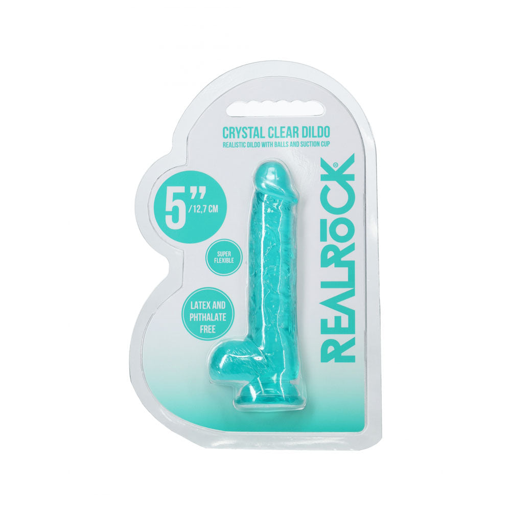 REALROCK 5'' Crystal Clear Dildo with Balls - Turquoise - Clear Turquoise 14.7 cm Dong packaging on display.