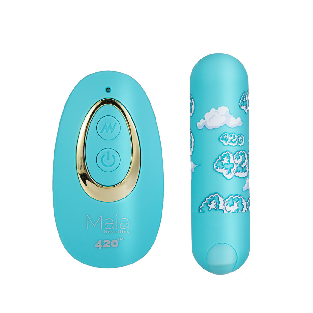 Maia JESSI 420 Remote - Sky 7.6 cm USB Rechargeable Bullet with Wireless Remote in aqua blue with cloud design.