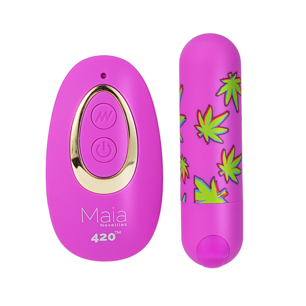 Maia JESSI 420 Remote - 7.6 cm USB Rechargeable Bullet with Wireless Remote in pink with hemp leaf design.