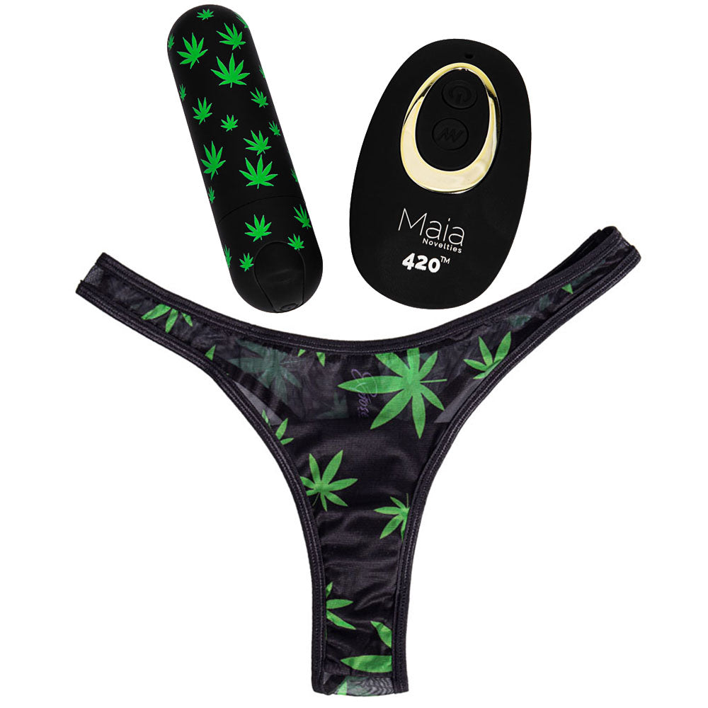 Maia DATE NIGHT 420 PANTY VIBE - S/M - S/M 420 Panty with USB Rechargeable Bullet & Remote featuring green leaf design.