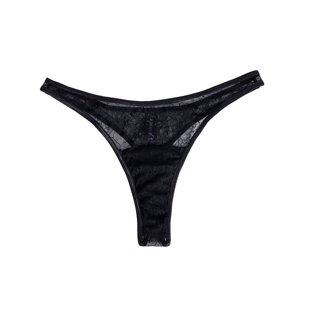 Maia DATE NIGHT PANTY VIBE - S/M - S/M Panty with Pink USB Rechargeable Bullet & Remote in black lace design.
