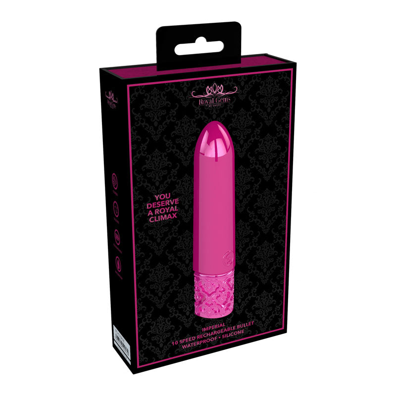 ROYAL GEMS Imperial - Silicone Rechargeable Bullet - 10 cm USB Rechargeable Bullet packaging with waterproof design.
