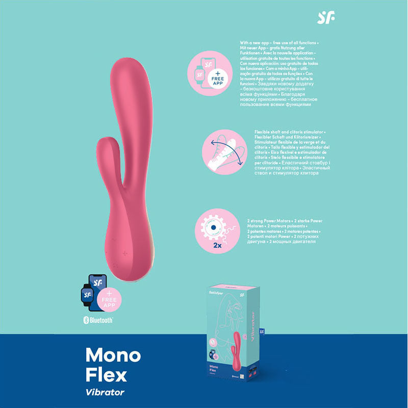 Satisfyer Mono Flex -  App Controlled USB Rechargeable Rabbit Vibrator showcased with packaging and app features.