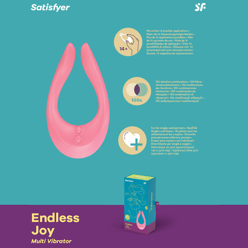 Satisfyer Endless Joy - USB Rechargeable Couples Stimulator in pink with multi vibrator features and packaging.