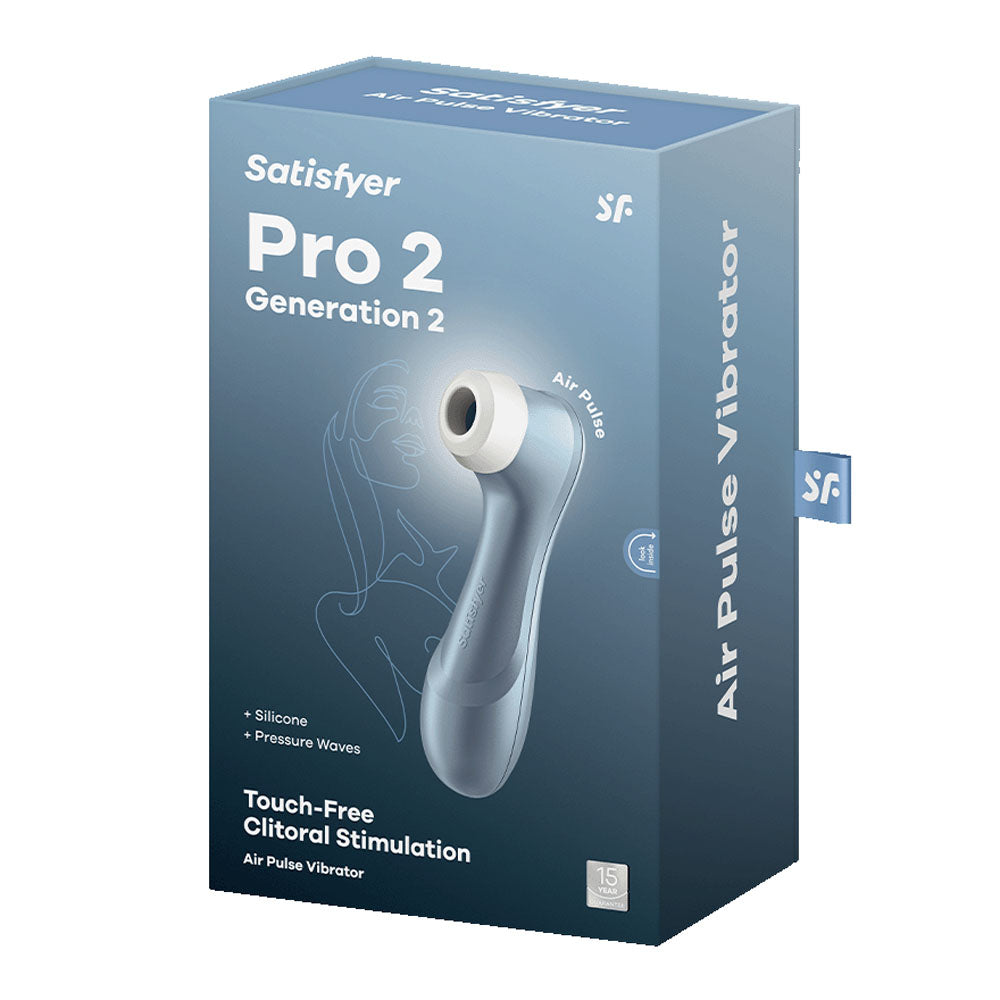 Satisfyer Pro 2 -  - Touch-Free USB-Rechargeable Clitoral Stimulator packaging with air pulse vibrator features.