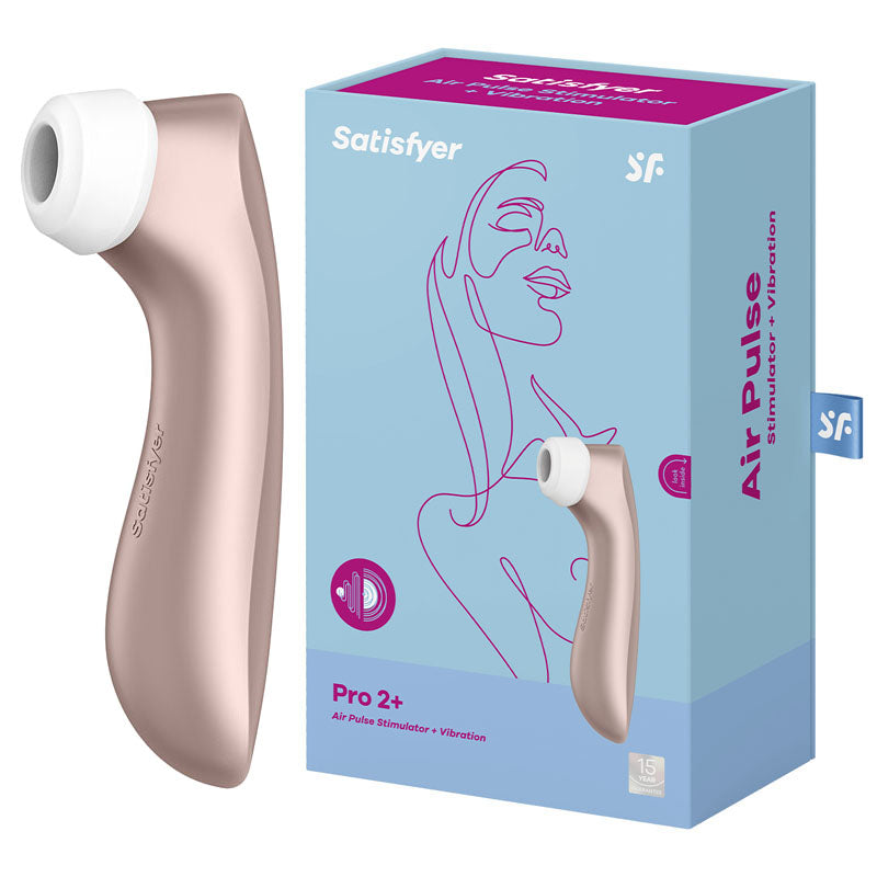 Satisfyer Pro 2+  -  Touch-Free USB-Rechargeable Clitoral Stimulator with Vibration and packaging.