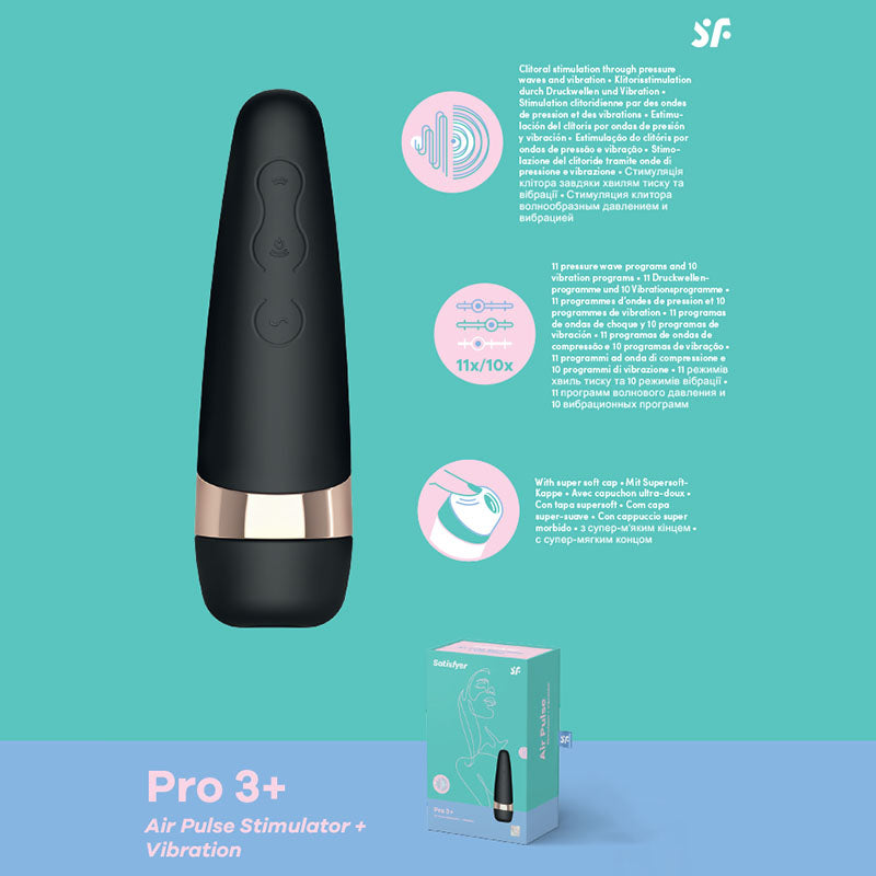 Satisfyer Pro 3+ - Touch-Free USB-Rechargeable Clitoral Stimulator with Vibration on display with specifications.