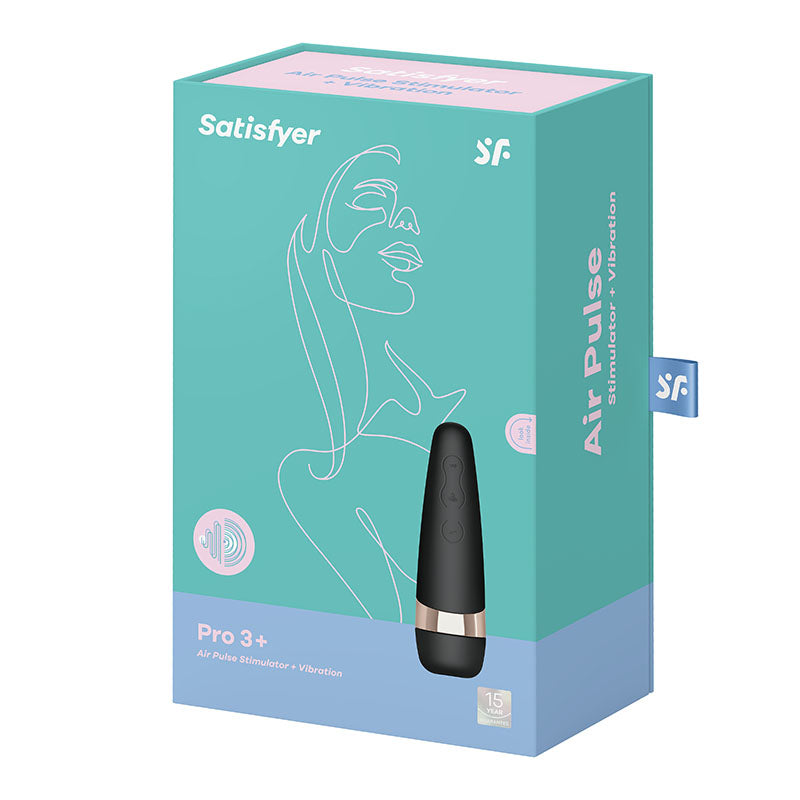 Satisfyer Pro 3+ - Touch-Free USB-Rechargeable Clitoral Stimulator with Vibration packaging for intimate essentials.