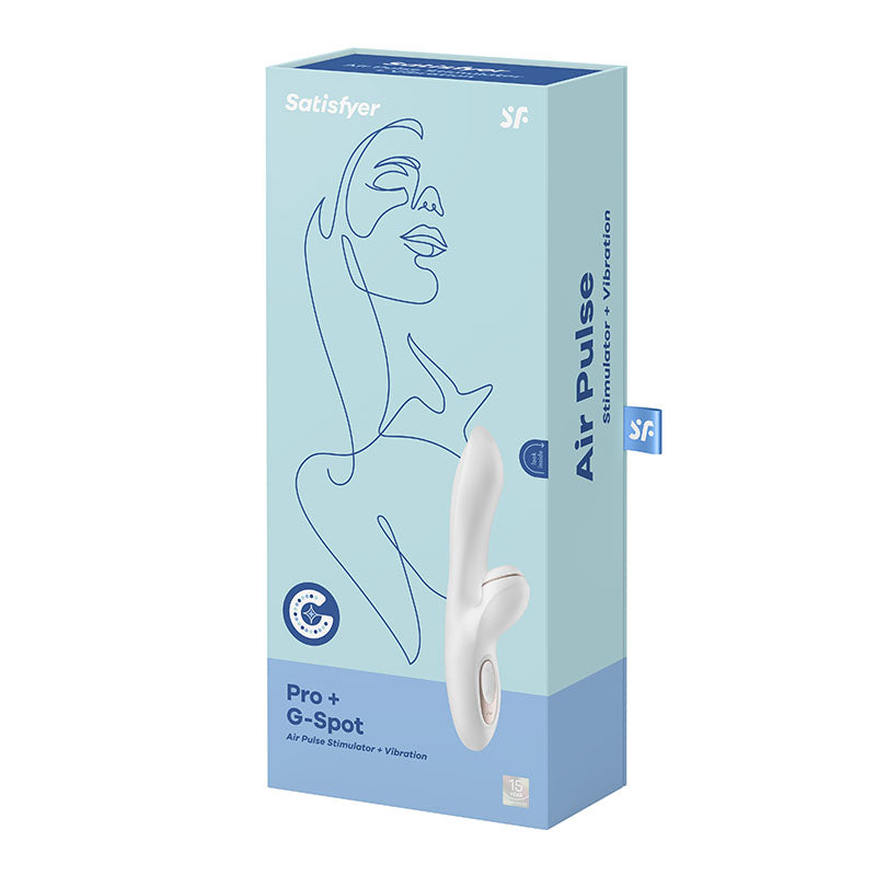 Satisfyer Pro + G-Spot - 22 cm USB Rechargeable Rabbit Vibrator with Touch-Free Clitoral Stimulator packaging design.