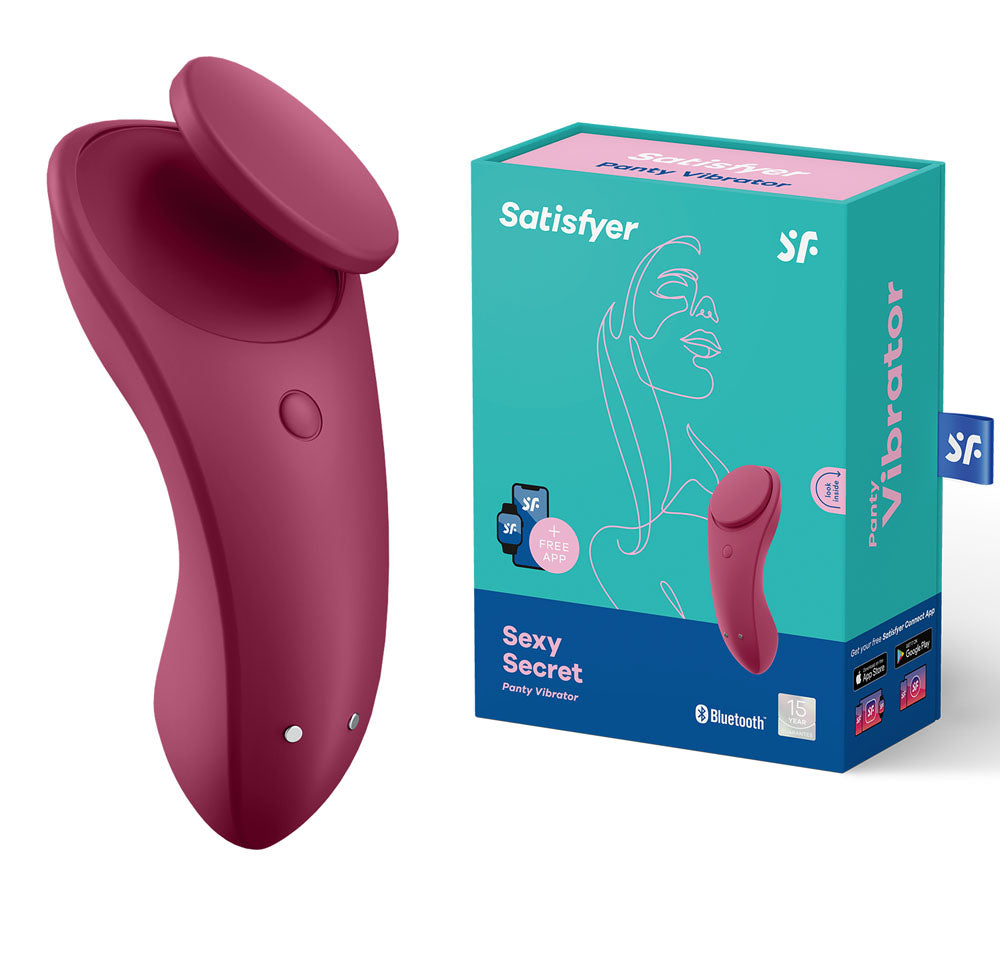Satisfyer Sexy Secret - App Contolled USB-Rechargeable Panty Vibrator with packaging in the background