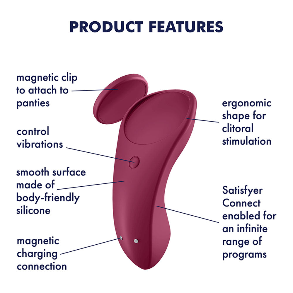 Product features of Satisfyer Sexy Secret - App Contolled USB-Rechargeable Panty Vibrator including ergonomic design and magnetic clip.