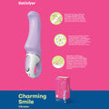 Satisfyer Vibes - Charming Smile - Lilac USB Rechargeable Vibrator on a pink background with product details.