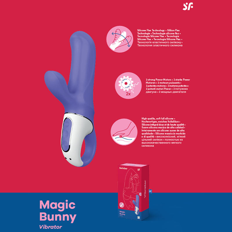 Satisfyer Vibes - Magic Bunny -  USB Rechargeable Rabbit Vibrator on display with features highlighted.