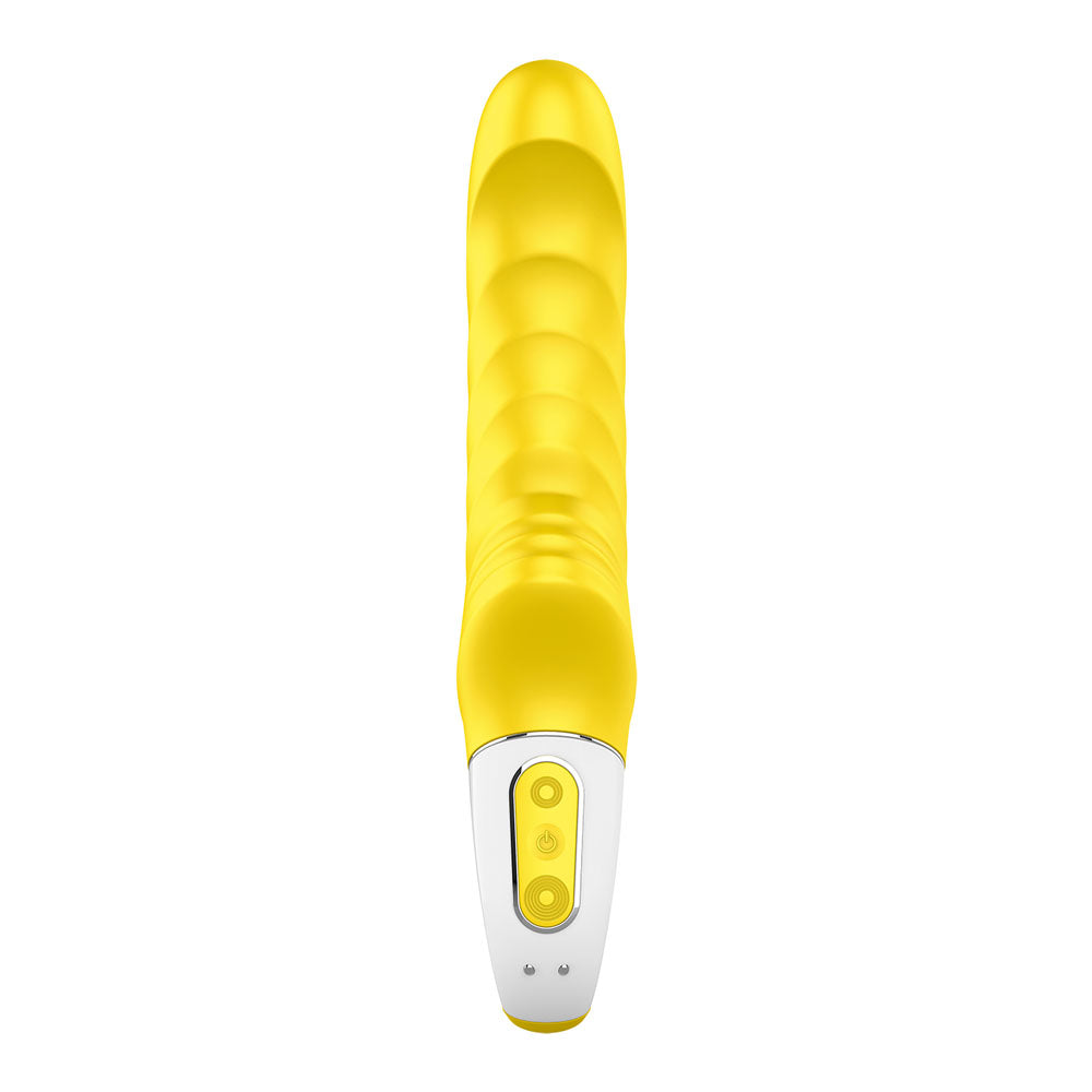 Satisfyer Vibes - Yummy Sunshine - USB Rechargeable Vibrator in vibrant yellow with ribbed texture and control buttons