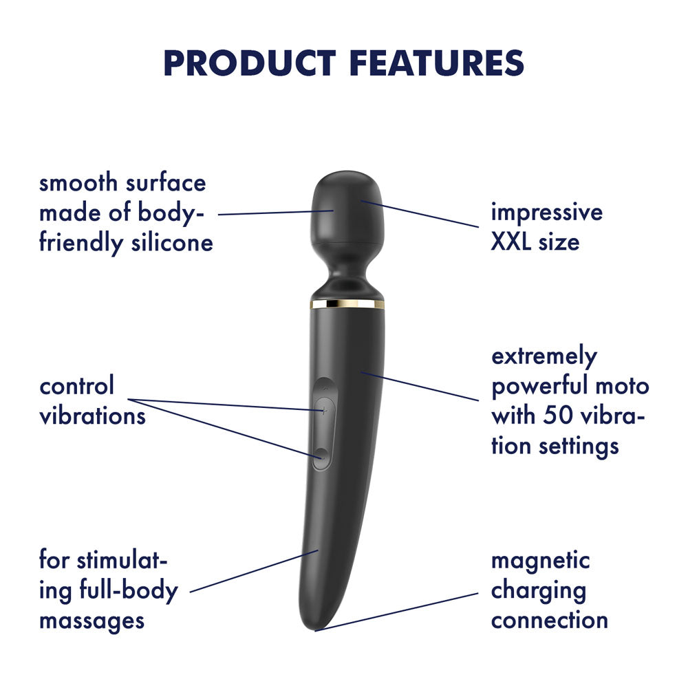Satisfyer Wand-er Woman - USB Rechargeable Massager Wand features smooth silicone, XXL size, 50 vibration settings, and magnetic charging.