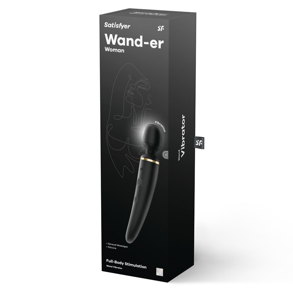 Satisfyer Wand-er Woman - USB Rechargeable Massager Wand packaging showcasing its elegant design and full-body stimulation features.