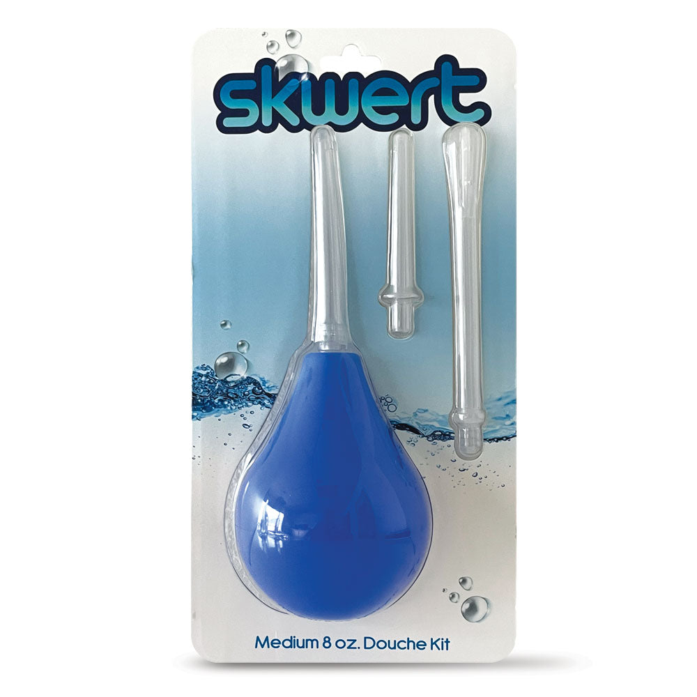 Skwert Medium 8 oz Douche Kit - 240 ml Unisex Douche Kit with blue bulb and translucent wands for hygiene.